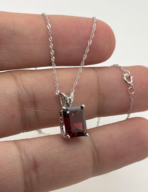 10x8mm Garnet Pendant | 14K White Gold Emerald Scroll Solitaire Necklace — January Birthstone Jewelry
