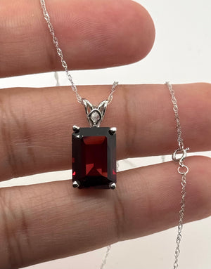 14x10mm Garnet Pendant | 14K White Gold Emerald Cut Scroll Solitaire Necklace — January Birthstone Jewelry