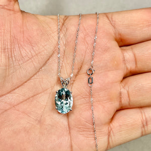 3.71–5.58 Cts AA Oval Aquamarine Solitaire Scroll Pendant 14x10 mm Platinum – 18” White Gold Chain