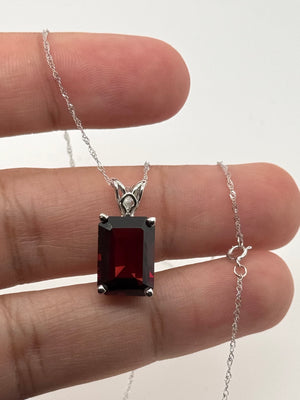 14x10mm Garnet Pendant | 14K White Gold Emerald Cut Scroll Solitaire Necklace — January Birthstone Jewelry
