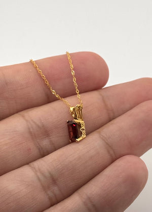 7x5mm Garnet Pendant | 14K Yellow Gold Emerald Cut Scroll Solitaire Necklace — January Birthstone Jewelry