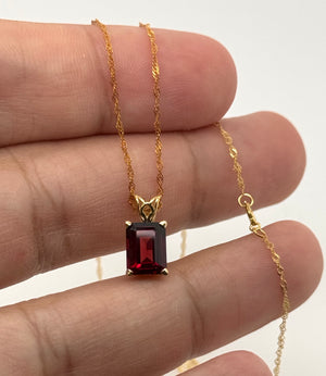 8x6mm Garnet Pendant | 14K Yellow Gold Emerald Cut Scroll Solitaire Necklace — January Birthstone Jewelry