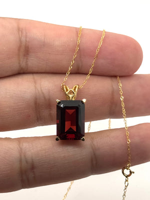14x10mm Garnet Pendant | 14K Yellow Gold Emerald Cut Scroll Solitaire Necklace — January Birthstone Jewelry