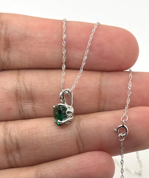 7mm Heart Lab Created Emerald Pendant | 14K White Gold Scroll Solitaire Necklace — May Birthstone Jewelry