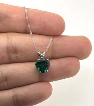 9mm Heart Lab Created Emerald Pendant | 14K White Gold Scroll Solitaire Necklace — May Birthstone Jewelry