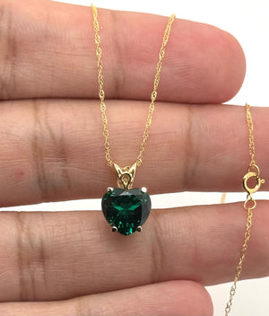 9mm Heart Lab Created Emerald Pendant | 14K Yellow Gold Scroll Solitaire Necklace — May Birthstone Jewelry