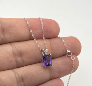 8x6mm Amethyst Pendant | 14K White Gold Emerald Cut Scroll Solitaire Necklace — February Birthstone Jewelry