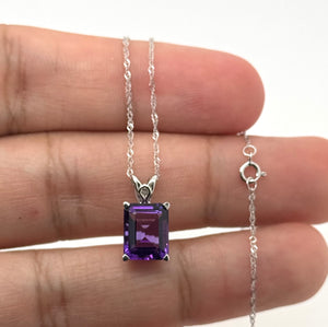 10x8mm Amethyst Pendant | 14K White Gold Emerald Cut Scroll Solitaire Necklace