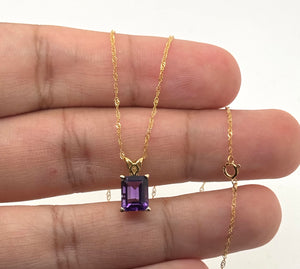 8x6mm Amethyst Pendant | 14K Yellow Gold Emerald Cut Scroll Solitaire Necklace — February Birthstone Jewelry