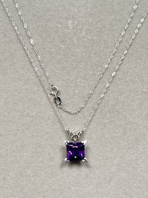 2.10 Ct Princess Cut Amethyst Pendant in Platinum – AAA Quality Scroll Solitaire Necklace with 18K White Gold Singapore Chain
