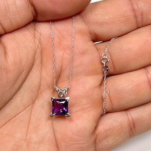 2.10 Ct Princess Cut Amethyst Pendant in Platinum – AAA Quality Scroll Solitaire Necklace with 18K White Gold Singapore Chain