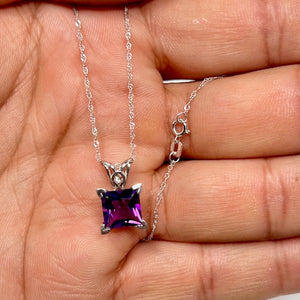 2.10 Ct Princess Cut Amethyst Pendant in Platinum – AAA Quality Scroll Solitaire Necklace with 18K White Gold Singapore Chain