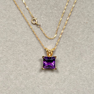 2.10 Ct Princess Cut Amethyst Pendant in 14K Yellow Gold – AAA Solitaire Amethyst Scroll Necklace with 18 Inch Chain – Gift for Her