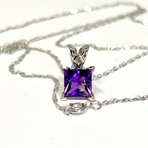 0.65-1.10 Ct Princess Cut Amethyst Pendant in 14K White Gold – AAA Solitaire Scroll Necklace with 18 Inch Chain, February Birthstone Jewelry