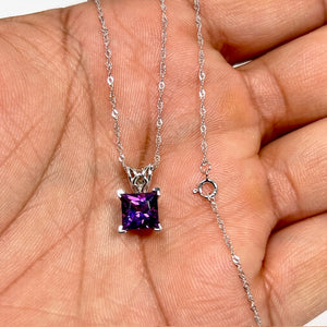 1.40-1.75 Ct Princess Cut Amethyst Pendant Necklace in 14K White Gold – AAA Solitaire February Birthstone Scroll Pendant with 18" Chain
