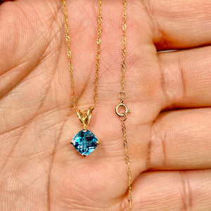 1.42 Cts AAA Cushion-Cut Swiss Blue Topaz Solitaire Pendant 14K Yellow Gold – 18” Chain