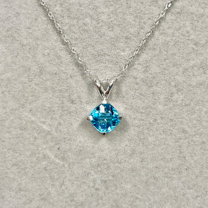 1.70–2.00 Cts AAA Cushion-Cut Swiss Blue Topaz Solitaire Pendant 14K White Gold – 18” Chain