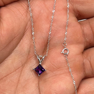 0.50–0.70 Ct Princess Cut Amethyst Pendant Necklace in 14K White Gold – AAA Solitaire February Birthstone Jewelry with 18" Chain