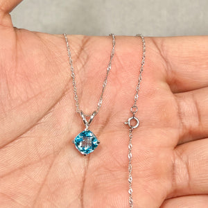 1.70–2.00 Cts AAA Cushion-Cut Swiss Blue Topaz Solitaire Pendant 14K White Gold – 18” Chain