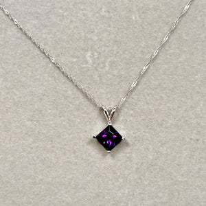 1.40-1.75 Ct Princess Cut Amethyst Pendant in 14K White Gold – 7mm AAA Solitaire Amethyst Necklace with Singapore Chain
