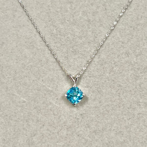 2.30–2.75 Cts AAA Cushion-Cut Swiss Blue Topaz Solitaire Pendant 14K White Gold – 18” Chain