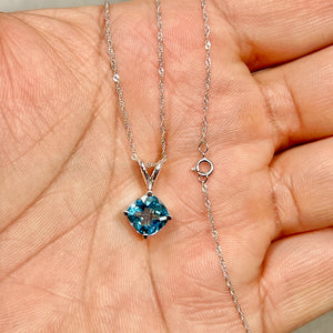 2.30–2.75 Cts AAA Cushion-Cut Swiss Blue Topaz Solitaire Pendant 14K White Gold – 18” Chain