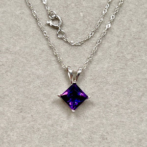 6mm Princess Cut Amethyst Pendant 0.65-1.10 Ct in 14K White Gold | AAA Solitaire February Birthstone Necklace with 18 Inch Chain