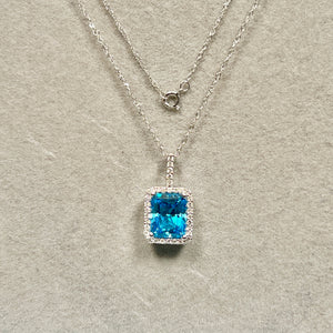 3.24 Cts AAA Swiss Blue Topaz & 0.25 Cts Diamond Pendant Emerald Cut 14K White Gold – 18” Chain