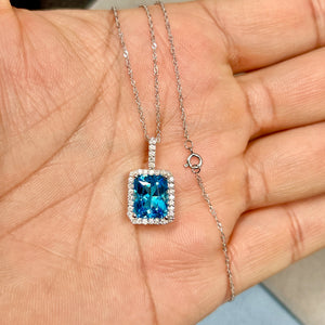 3.24 Cts AAA Swiss Blue Topaz & 0.25 Cts Diamond Pendant Emerald Cut 14K White Gold – 18” Chain