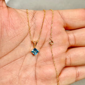 0.69 Cts AAA Princess Swiss Blue Topaz Solitaire Pendant 14K Yellow Gold – 18” Chain