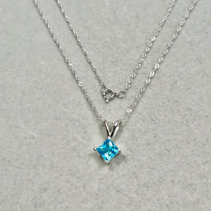 0.69 Cts AAA Princess Swiss Blue Topaz Solitaire Pendant 14K White Gold – 18” Chain