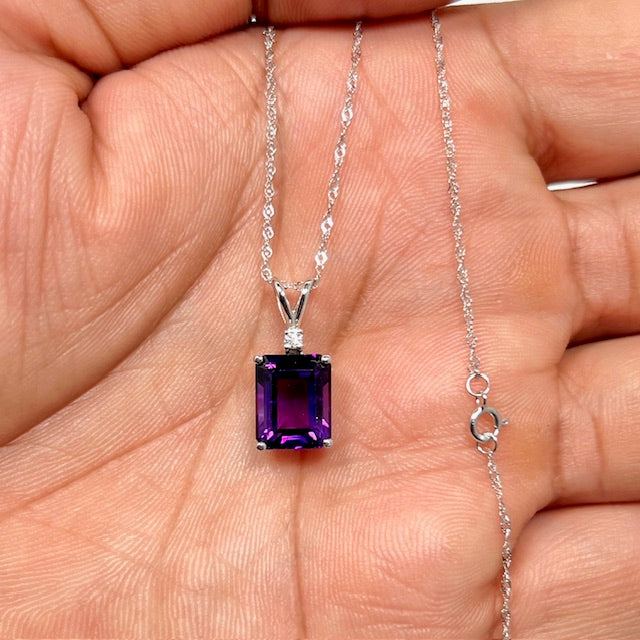 Emerald Cut Amethyst Pendant 14K White Gold – 10x8mm AAA Amethyst with 0.03 Ct Diamond Solitaire Necklace – February Birthstone Jewelry Gift