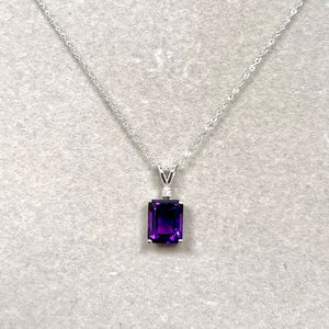 Emerald Cut Amethyst Pendant 14K White Gold – 10x8mm AAA Amethyst with 0.03 Ct Diamond Solitaire Necklace – February Birthstone Jewelry Gift