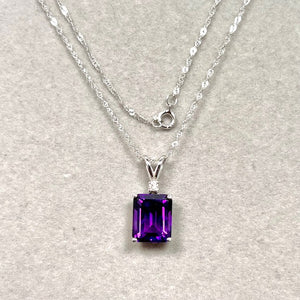 Emerald Cut Amethyst Pendant 14K White Gold – 10x8mm AAA Amethyst with 0.03 Ct Diamond Solitaire Necklace – February Birthstone Jewelry Gift