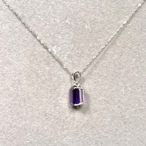 Emerald Cut Amethyst Pendant 14K White Gold – 10x8mm AAA Amethyst with 0.03 Ct Diamond Solitaire Necklace – February Birthstone Jewelry Gift