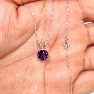 Amethyst Solitaire Pendant 14K White Gold – 8mm Round Checkerboard Cut AAA Amethyst Necklace with 18 Inch Chain