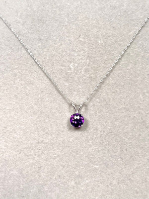 Amethyst Solitaire Pendant 14K White Gold – 8mm Round Checkerboard Cut AAA Amethyst Necklace with 18 Inch Chain