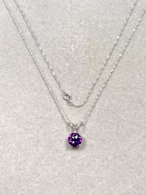 Amethyst Solitaire Pendant 14K White Gold – 8mm Round Checkerboard Cut AAA Amethyst Necklace with 18 Inch Chain