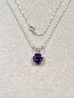 Amethyst Solitaire Pendant 14K White Gold – 8mm Round Checkerboard Cut AAA Amethyst Necklace with 18 Inch Chain