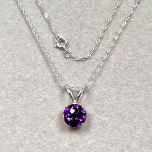 Amethyst Solitaire Pendant 14K White Gold – 8mm Round Checkerboard Cut AAA Amethyst Necklace with 18 Inch Chain