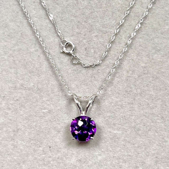 Amethyst Solitaire Pendant 14K White Gold – 8mm Round Checkerboard Cut AAA Amethyst Necklace with 18 Inch Chain
