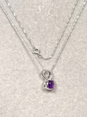 Amethyst Solitaire Pendant 14K White Gold – 8mm Round Checkerboard Cut AAA Amethyst Necklace with 18 Inch Chain