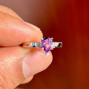 Pear Amethyst and Diamond Three Stone Ring in 14K White Gold, 0.55 Ct AAA Amethyst with 0.10 Ct Diamonds, Ring size 5.5