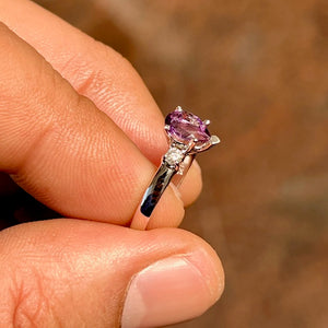 Pear Amethyst and Diamond Three Stone Ring in 14K White Gold, 0.55 Ct AAA Amethyst with 0.10 Ct Diamonds, Ring size 5.5