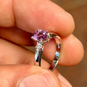 Pear Amethyst and Diamond Three Stone Ring in 14K White Gold, 0.55 Ct AAA Amethyst with 0.10 Ct Diamonds, Ring size 5.5