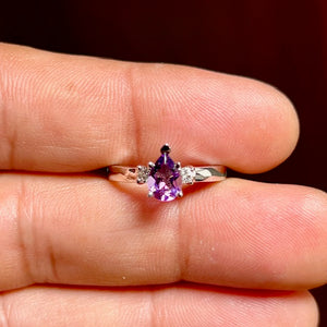 Pear Amethyst and Diamond Three Stone Ring in 14K White Gold, 0.55 Ct AAA Amethyst with 0.10 Ct Diamonds, Ring size 5.5
