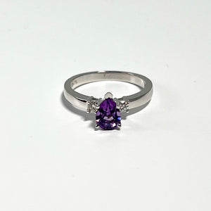 Pear Amethyst and Diamond Three Stone Ring in 14K White Gold, 0.55 Ct AAA Amethyst with 0.10 Ct Diamonds, Ring size 5.5