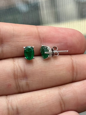 Natural Emerald Scroll Stud Earrings 7x5mm Oval in 18K White Gold | 1.20-1.60 Cts AA Grade May Birthstone Jewelry