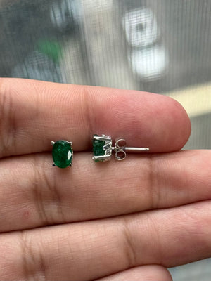 Natural Emerald Scroll Stud Earrings 7x5mm Oval in 18K White Gold | 1.20-1.60 Cts AA Grade May Birthstone Jewelry