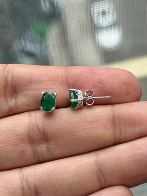 Natural Emerald Scroll Stud Earrings 7x5mm Oval in 18K White Gold | 1.20-1.60 Cts AA Grade May Birthstone Jewelry